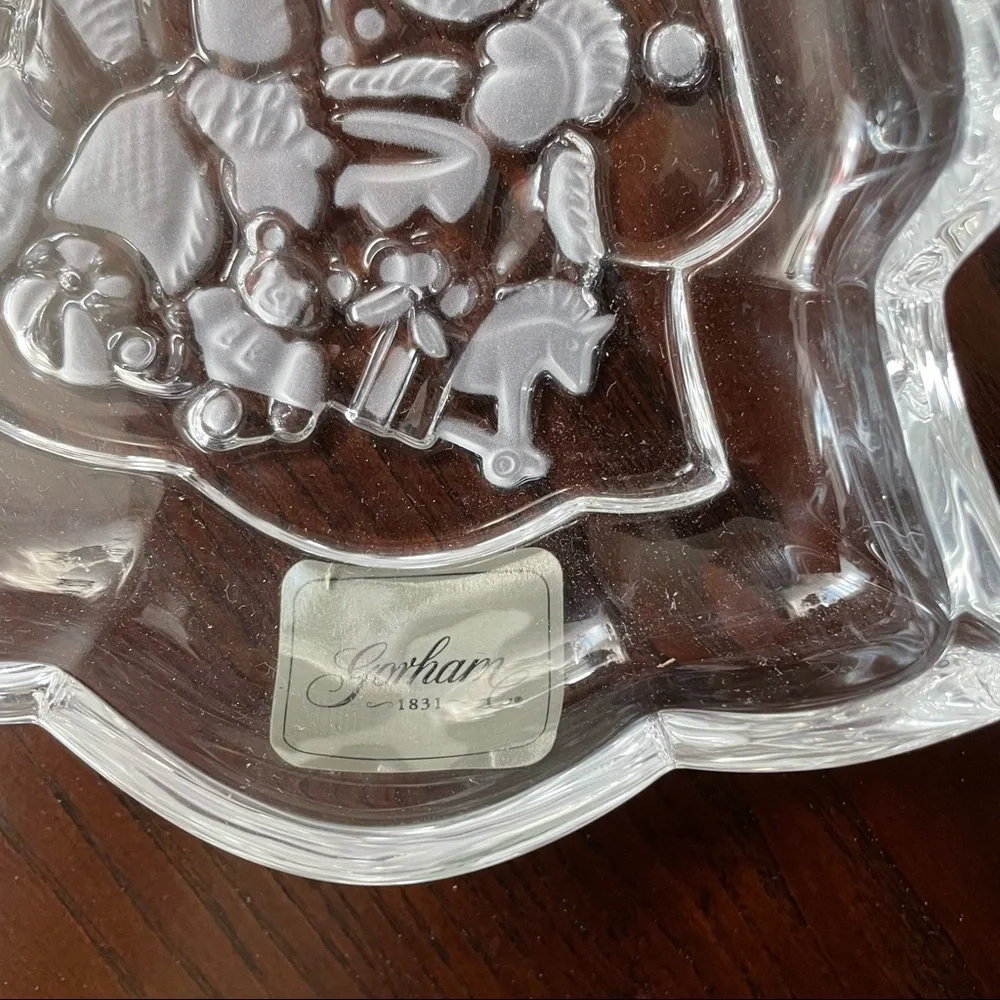 GORHAM Candy Dish Etched Crystal Holiday Traditions North Pole Express Tree
